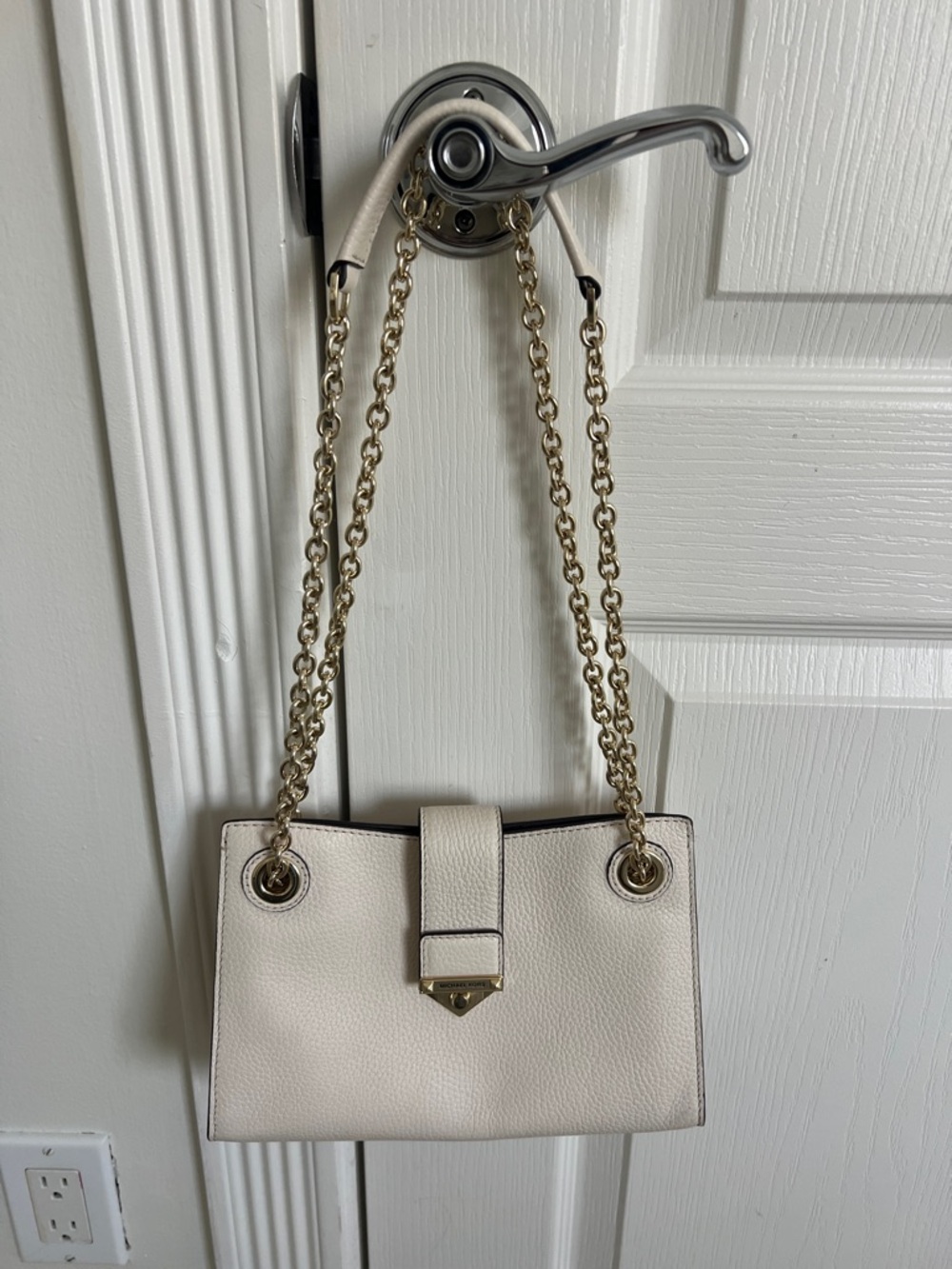 Michael Kors White Leather Satchel Tote Bag Large MK Logo Handbag - Picture 1 of 11